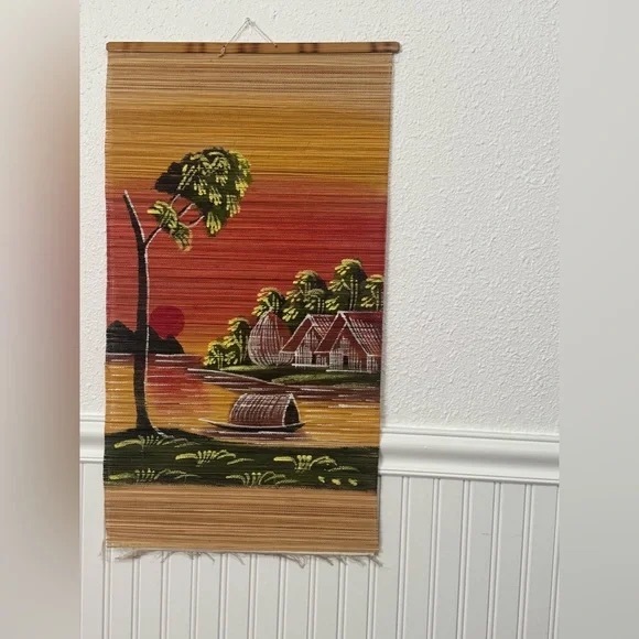 2 Pieces: Large Decorative Folding Wall Fan & Sunset Tapestry Hanging Wall Decor - Picture 2 of 3